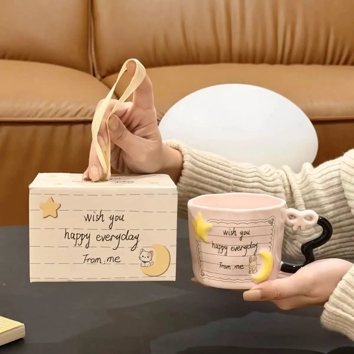 Cute Star & Moon Ceramic Mug with Heart Handle