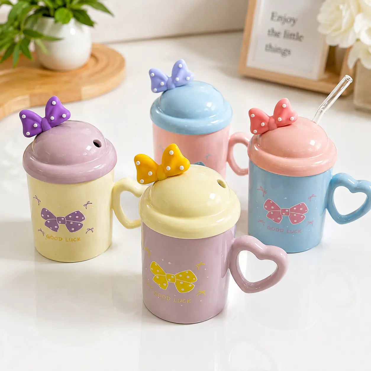 Cute Bow Ceramic Mug with Heart Handle, Lid & Spoon