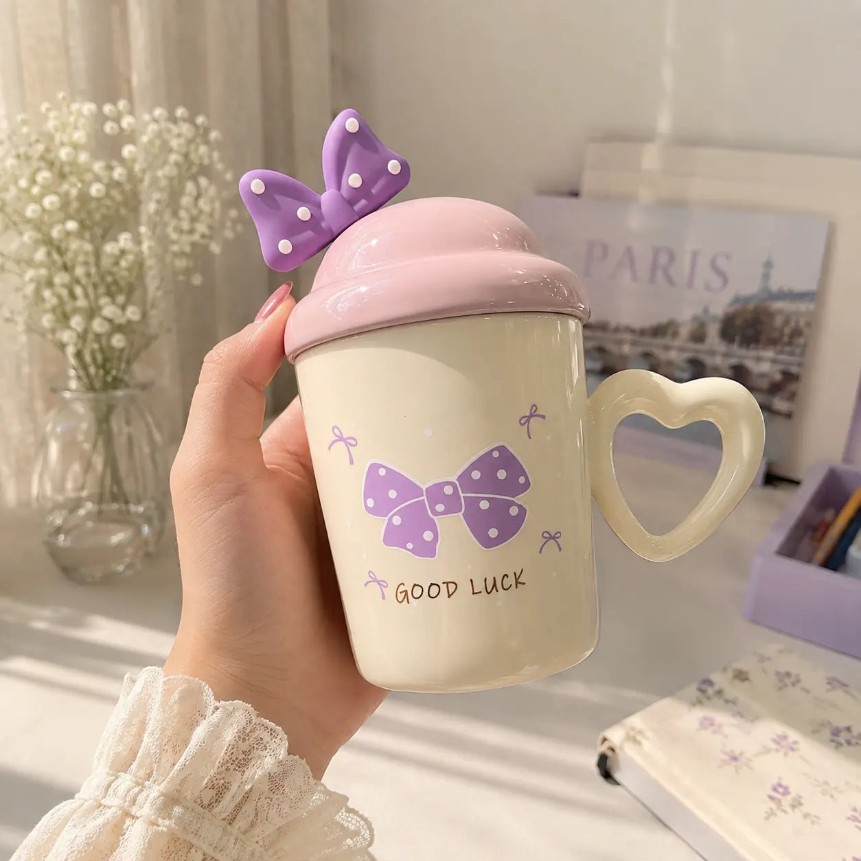 Cute Bow Ceramic Mug with Heart Handle, Lid & Spoon