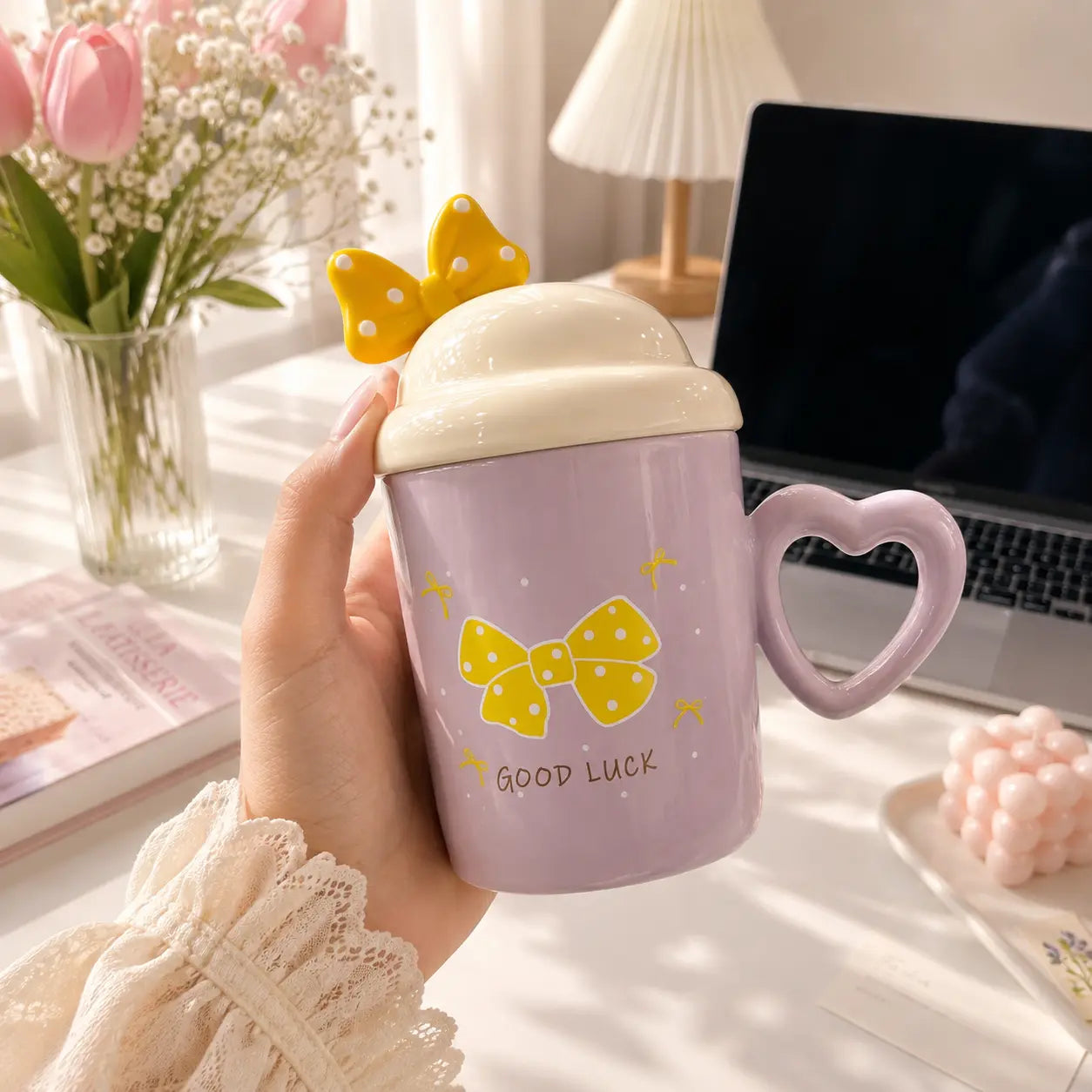 Cute Bow Ceramic Mug with Heart Handle, Lid & Spoon