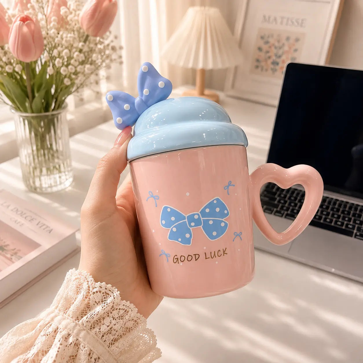Cute Bow Ceramic Mug with Heart Handle, Lid & Spoon
