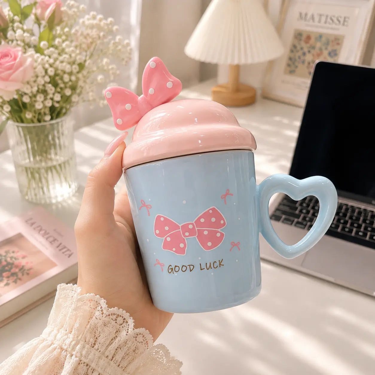 Cute Bow Ceramic Mug with Heart Handle, Lid & Spoon