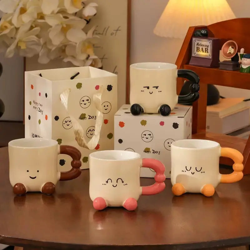 Happy Face Ceramic Mug with 3D Handle & Feet