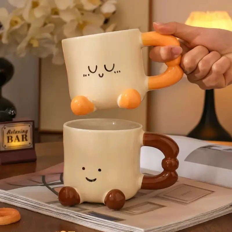 Happy Face Ceramic Mug with 3D Handle & Feet