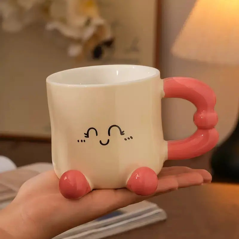 Happy Face Ceramic Mug with 3D Handle & Feet