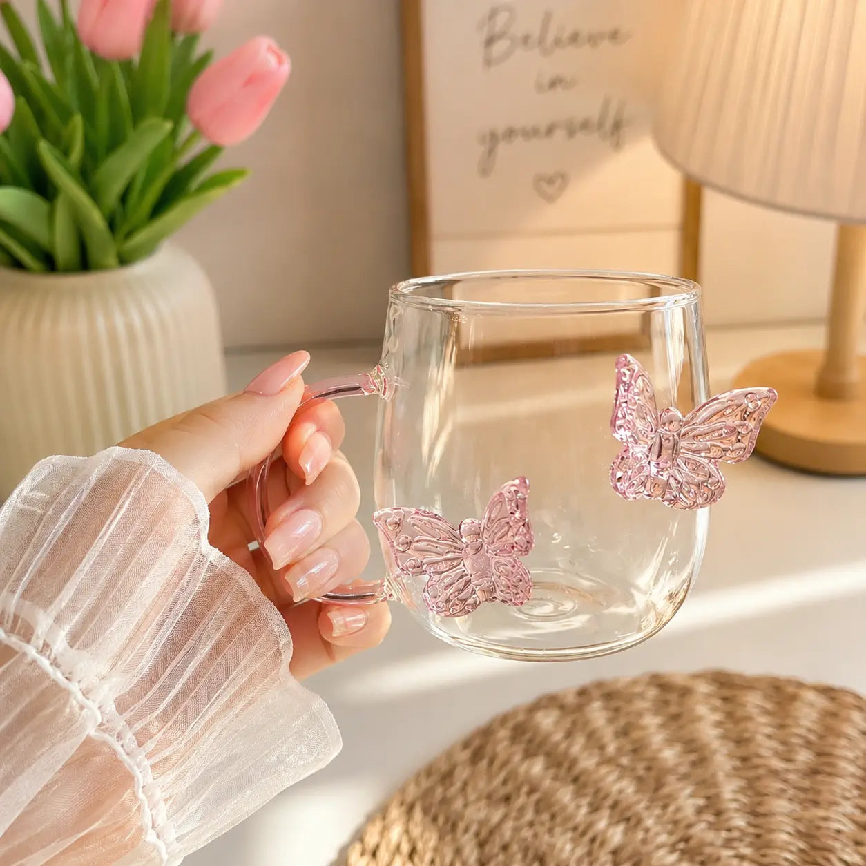 Pink Butterfly Glass Mug