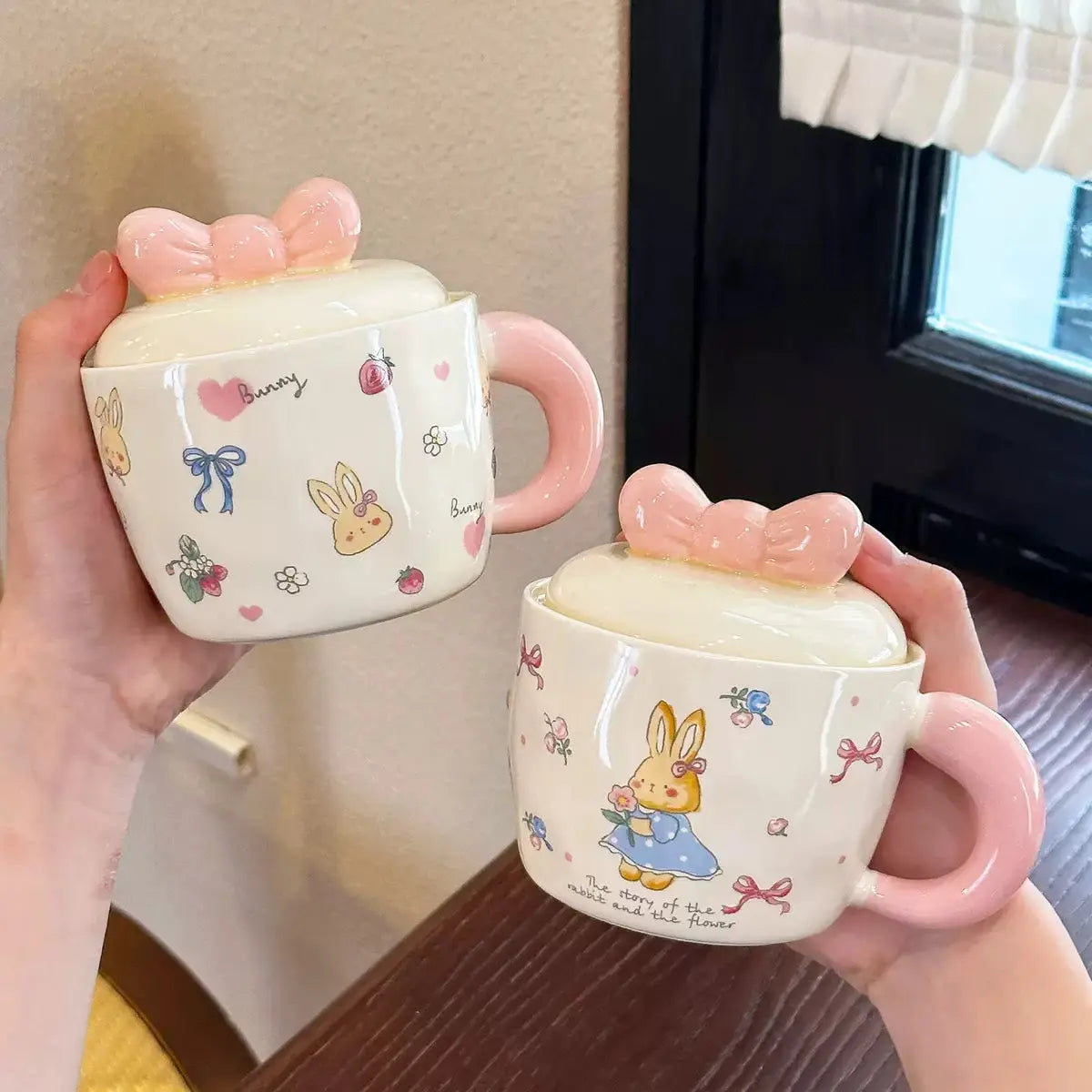 Cute Bunny Bow Ceramic Mug with Lid