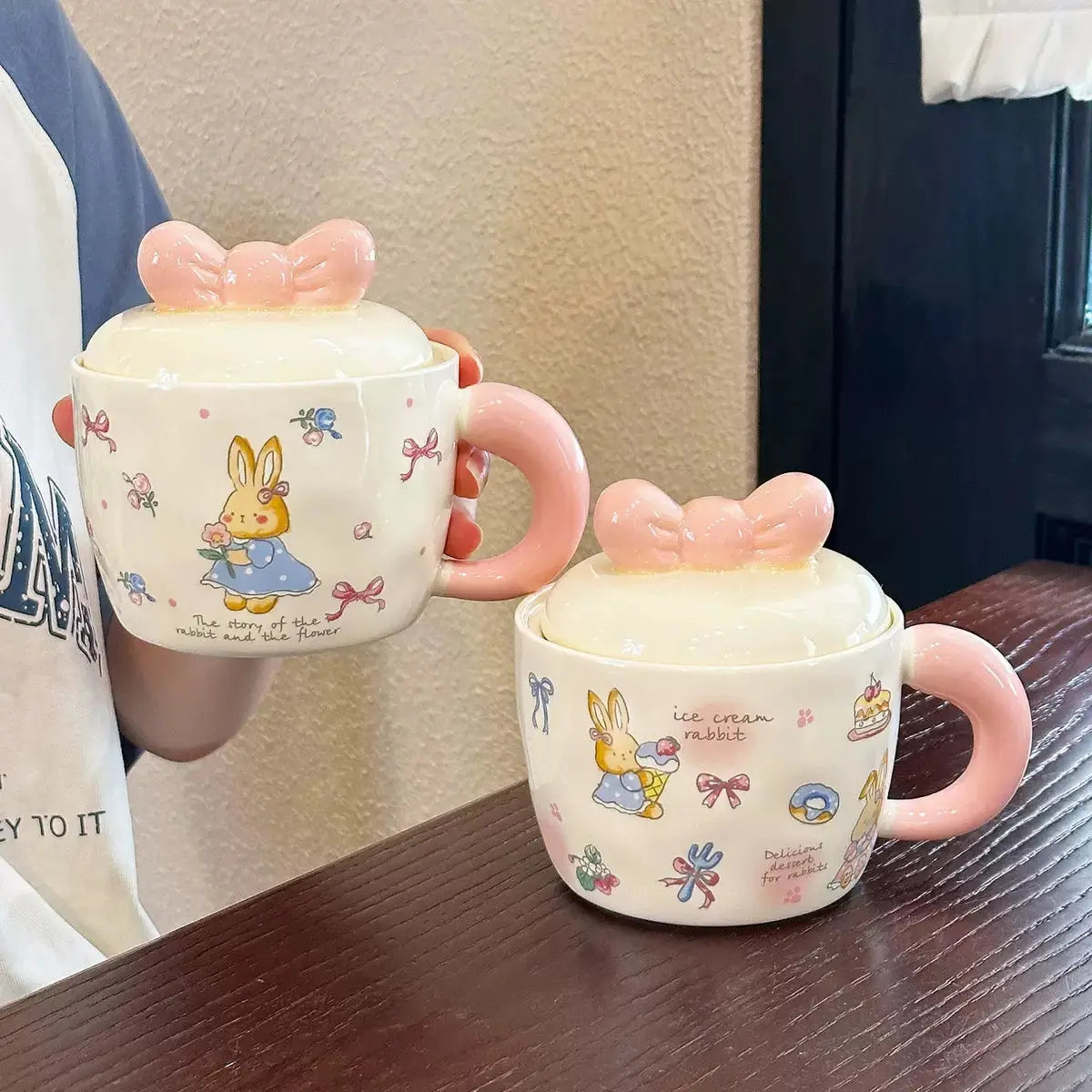 Cute Bunny Bow Ceramic Mug with Lid