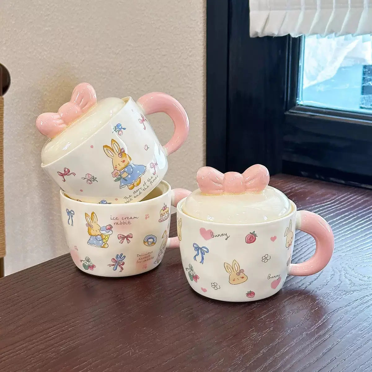 Cute Bunny Bow Ceramic Mug with Lid
