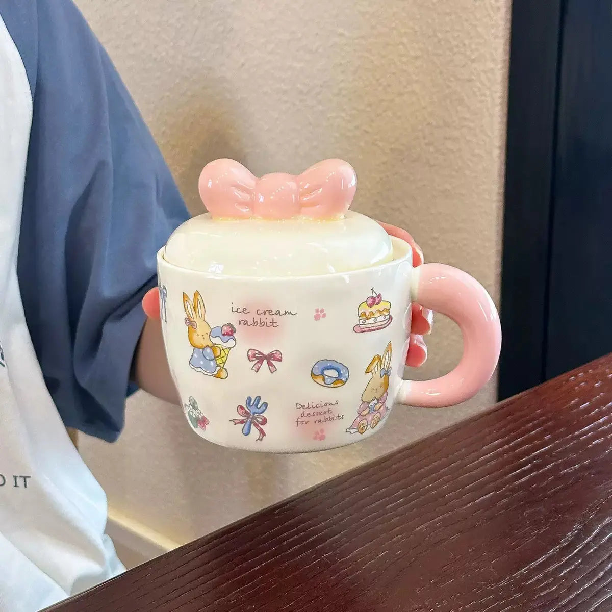 Cute Bunny Bow Ceramic Mug with Lid