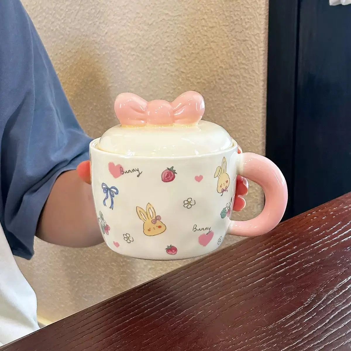 Cute Bunny Bow Ceramic Mug with Lid
