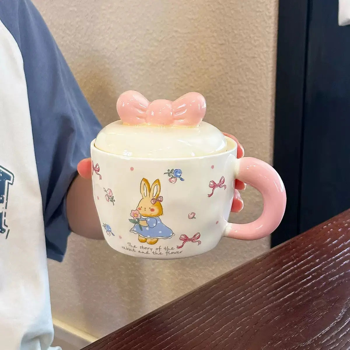 Cute Bunny Bow Ceramic Mug with Lid