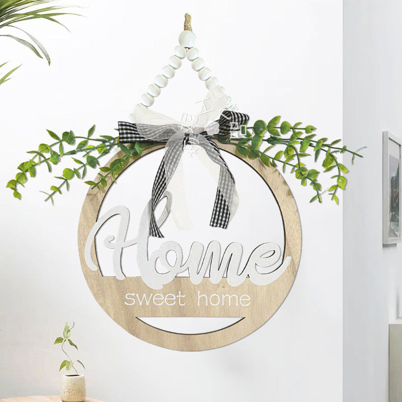 Round Home Sweet Home With Leaf & Bow Hanging Plaque Sign