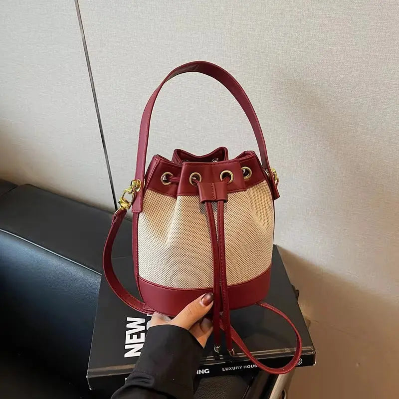 Vintage Canvas & PU Leather Bucket Bag Women’s Drawstring Crossbody Shoulder Handbag Sparkels  Sparkels