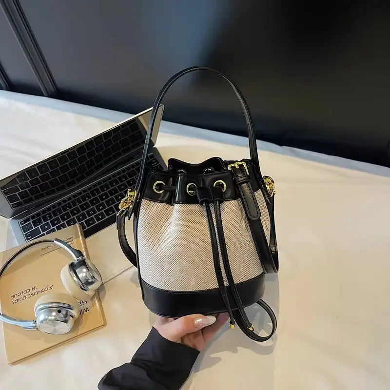 Vintage Canvas & PU Leather Bucket Bag Women’s Drawstring Crossbody Shoulder Handbag Sparkels  Sparkels