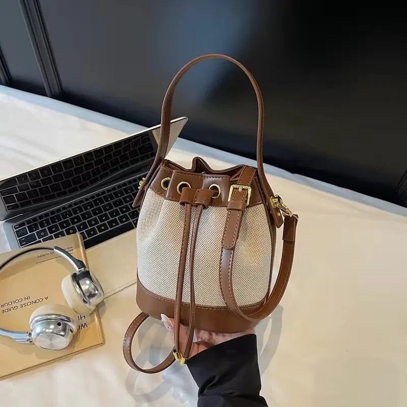 Vintage Canvas & PU Leather Bucket Bag Women’s Drawstring Crossbody Shoulder Handbag Sparkels  Sparkels