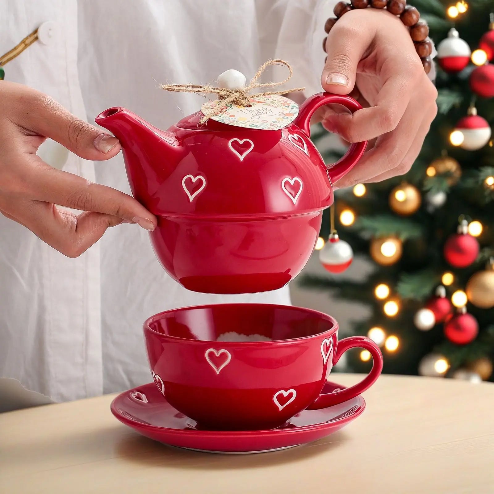 Heart Print Teapot & Cup Set With Saucer Ceramic Tea For One Gift Set Sparkels  Sparkels