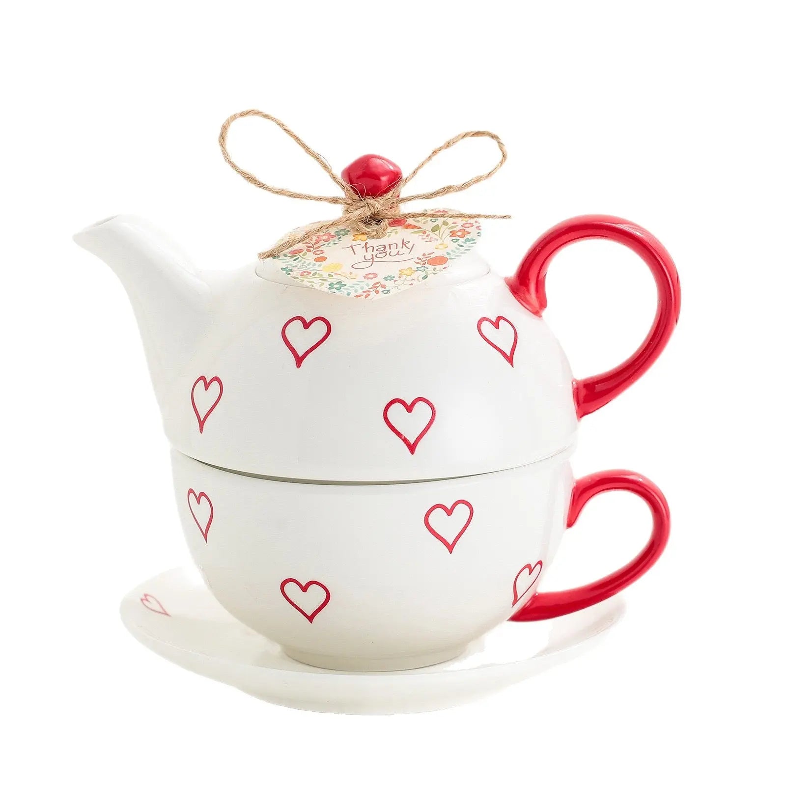 Heart Print Teapot & Cup Set With Saucer Ceramic Tea For One Gift Set Sparkels  Sparkels