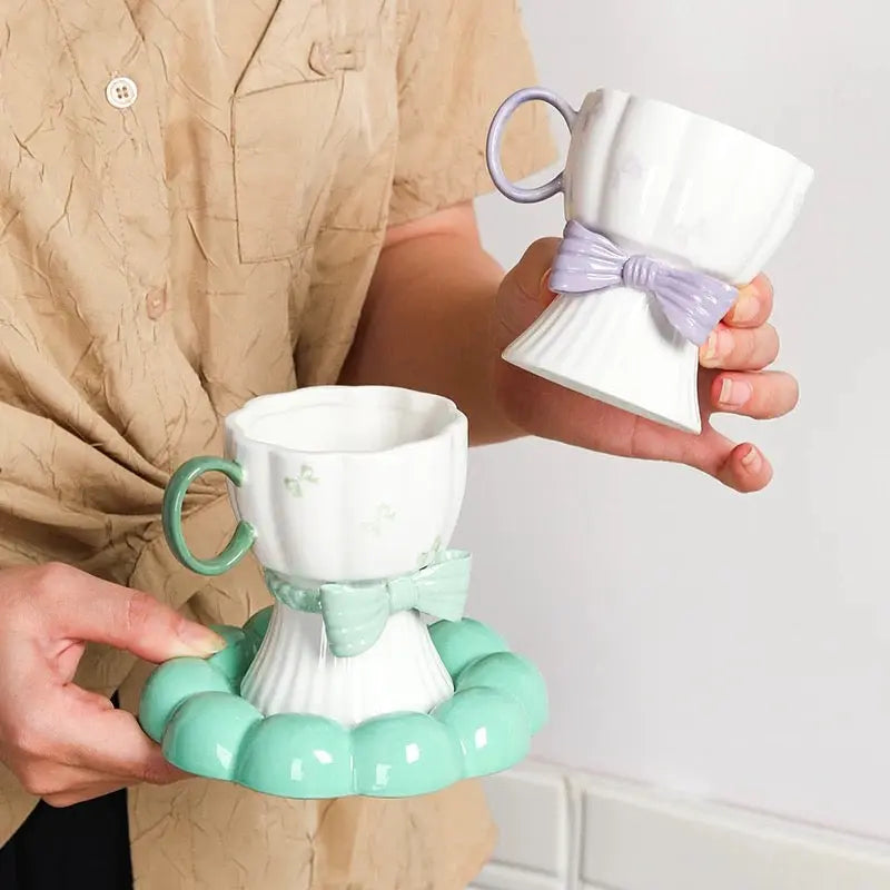 Bow Design Ceramic Tea Cup with Matching Saucer