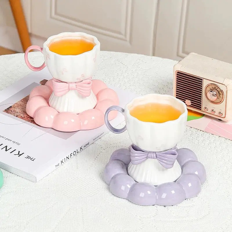 Bow Design Ceramic Tea Cup with Matching Saucer