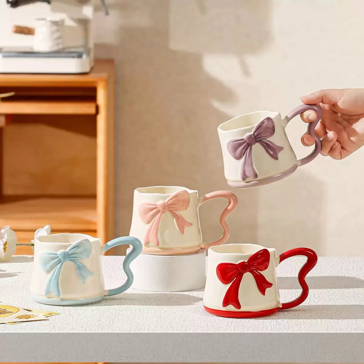3D Bow Ceramic Mug Cute Ribbon Coffee Cup with Butterfly Handle