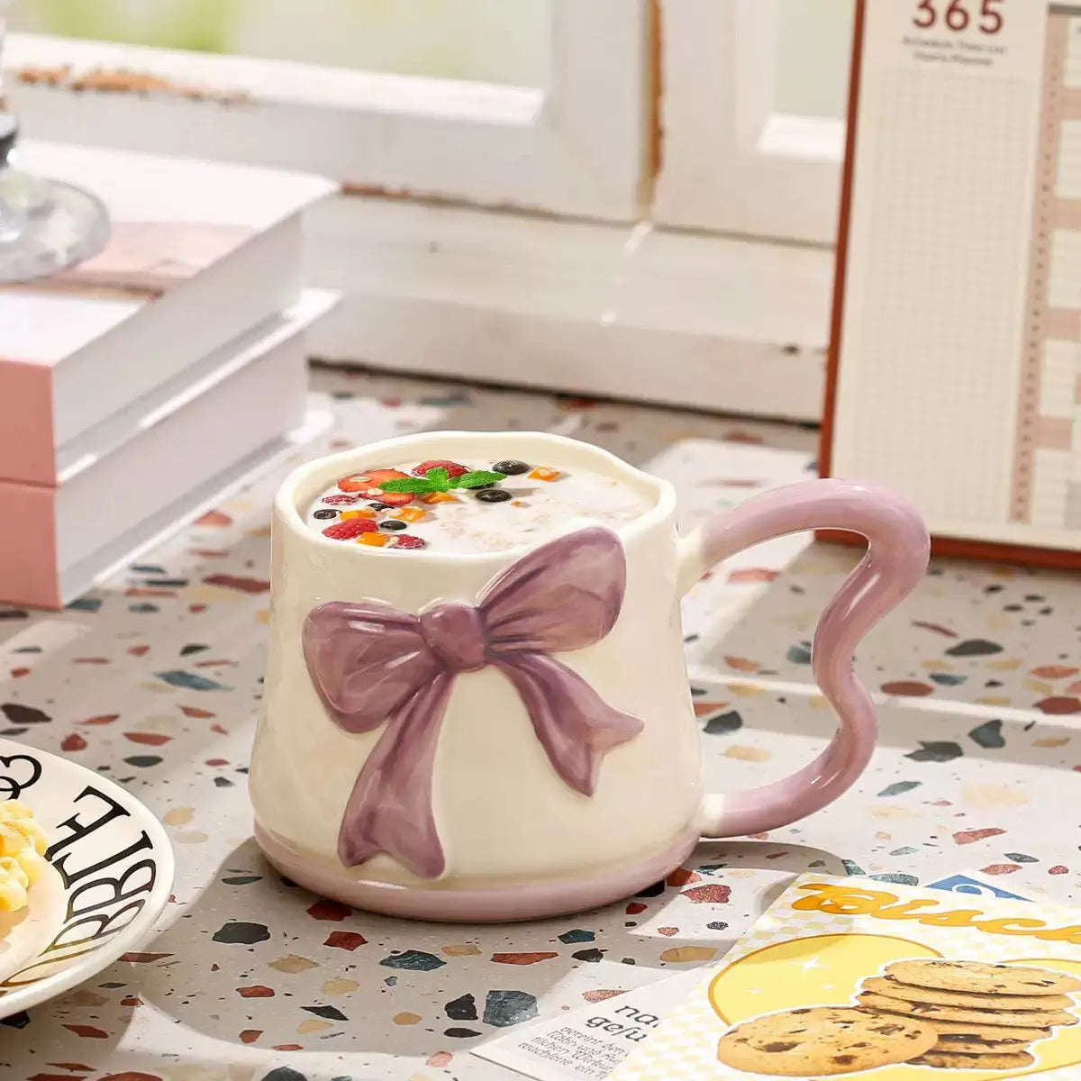 3D Bow Ceramic Mug Cute Ribbon Coffee Cup with Butterfly Handle