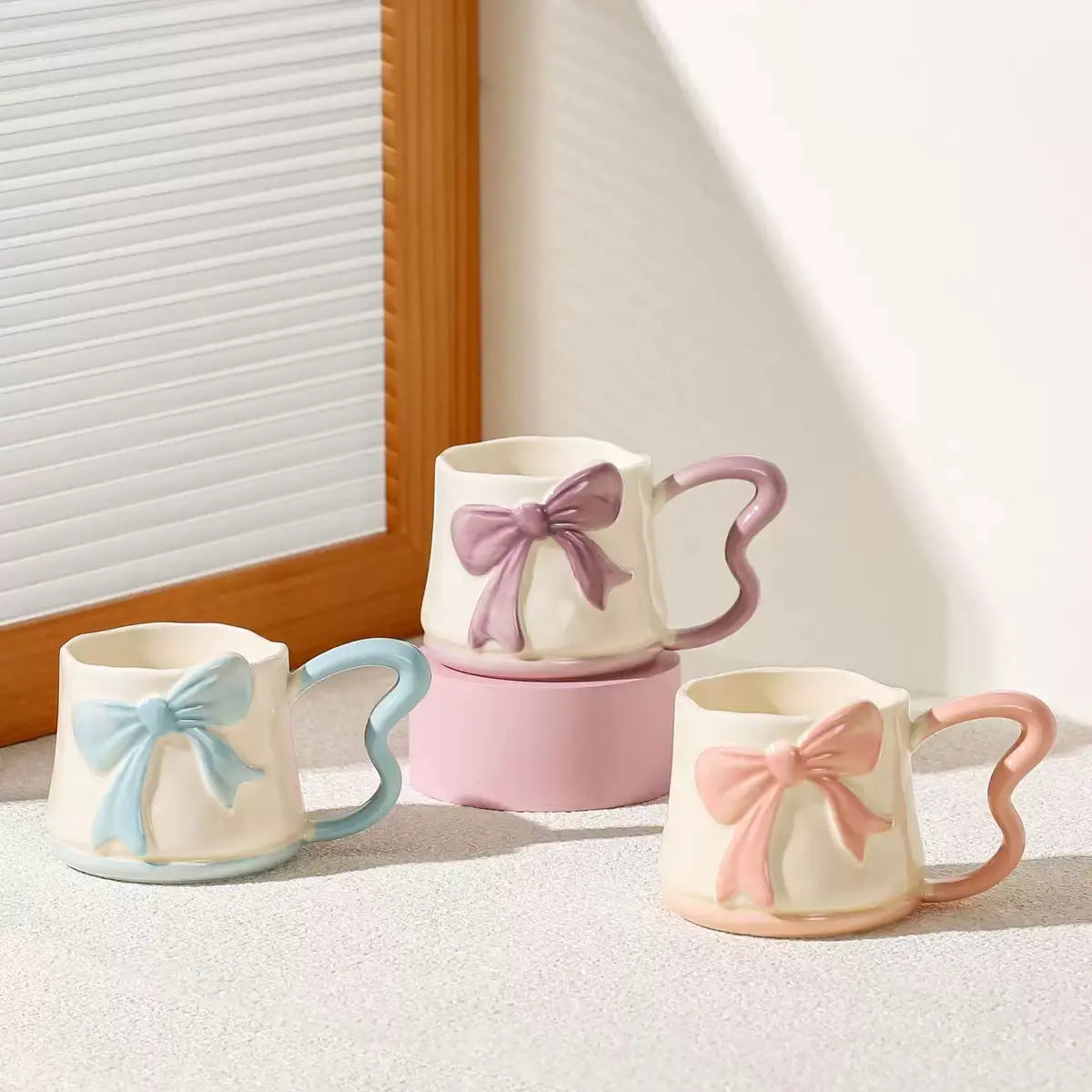 3D Bow Ceramic Mug Cute Ribbon Coffee Cup with Butterfly Handle