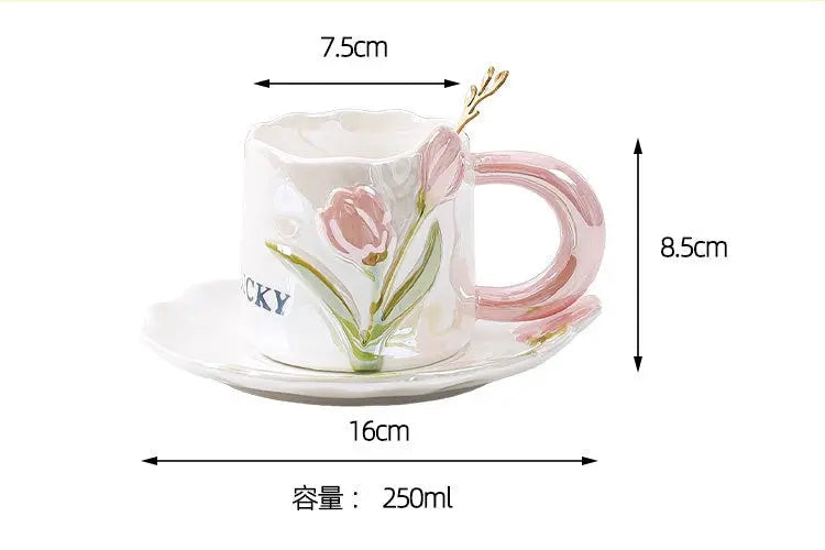 Vintage Tulip Ceramic Coffee Mug with Saucer Handmade Floral Tea Cup Set (250ml) Sparkels  Sparkels