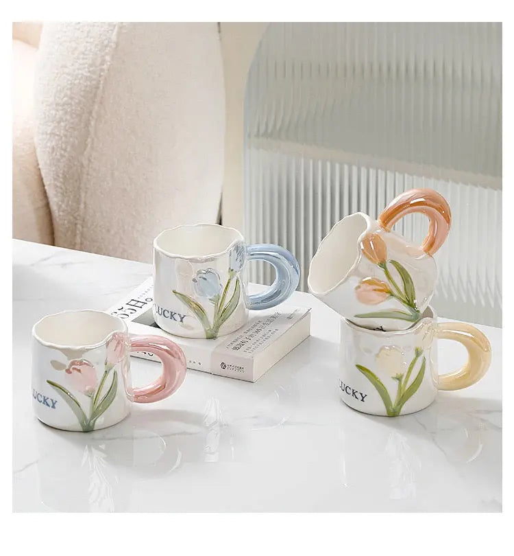 Vintage Tulip Ceramic Coffee Mug with Saucer Handmade Floral Tea Cup Set (250ml) Sparkels  Sparkels
