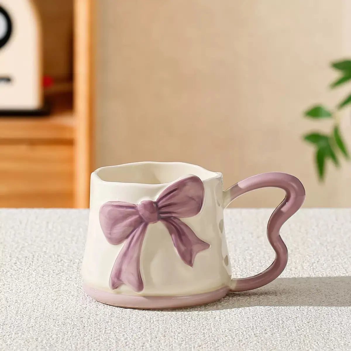 3D Bow Ceramic Mug Cute Ribbon Coffee Cup with Butterfly Handle
