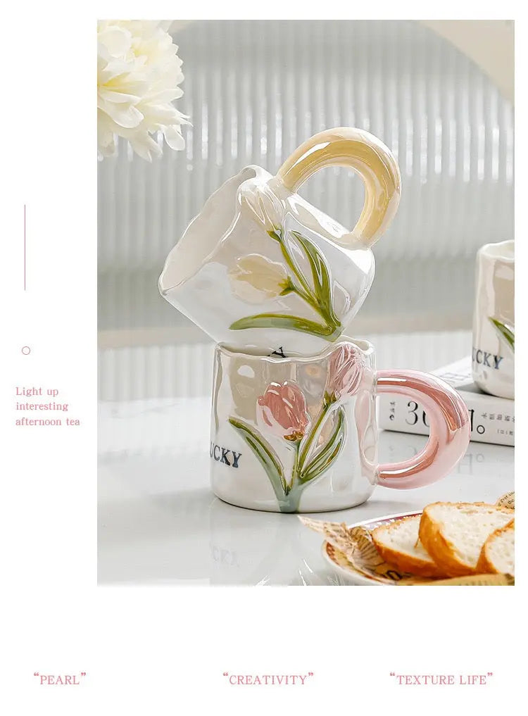 Vintage Tulip Ceramic Coffee Mug with Saucer Handmade Floral Tea Cup Set (250ml) Sparkels  Sparkels