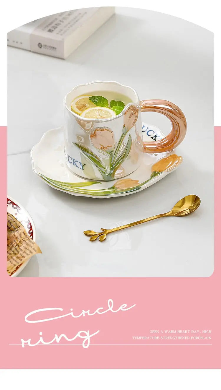 Vintage Tulip Ceramic Coffee Mug with Saucer Handmade Floral Tea Cup Set (250ml) Sparkels  Sparkels