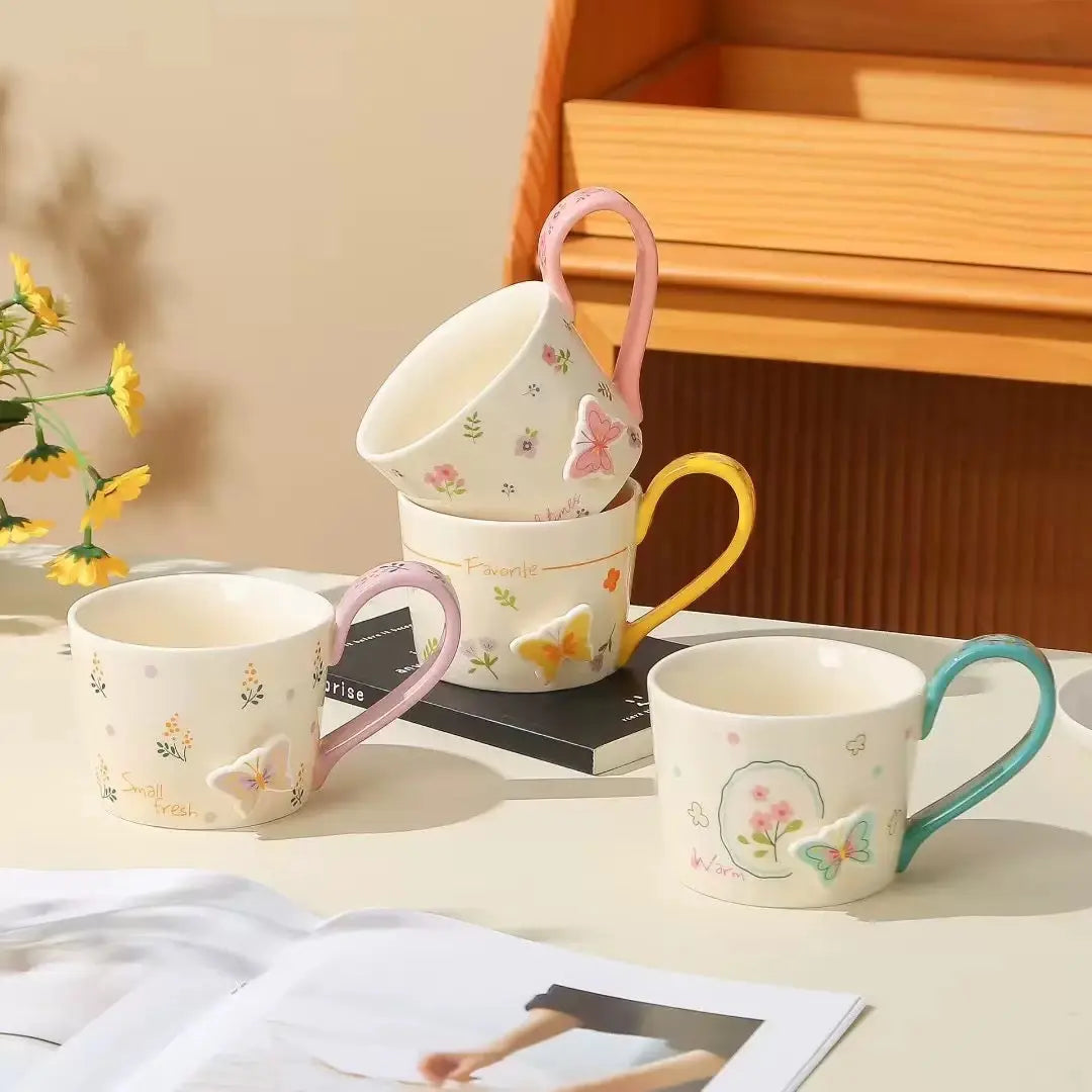 Floral Butterfly Ceramic Mug with Color Handle