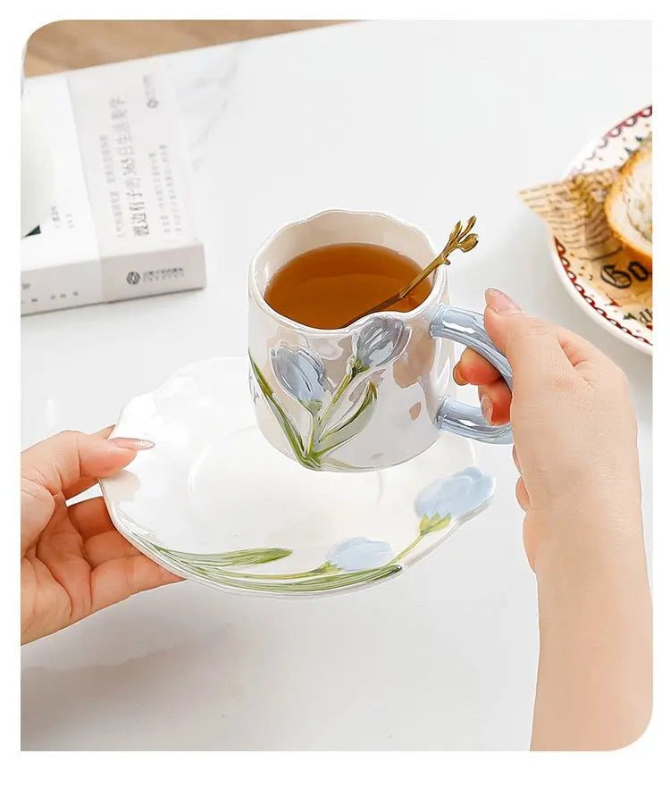 Vintage Tulip Ceramic Coffee Mug with Saucer Handmade Floral Tea Cup Set (250ml) Sparkels  Sparkels