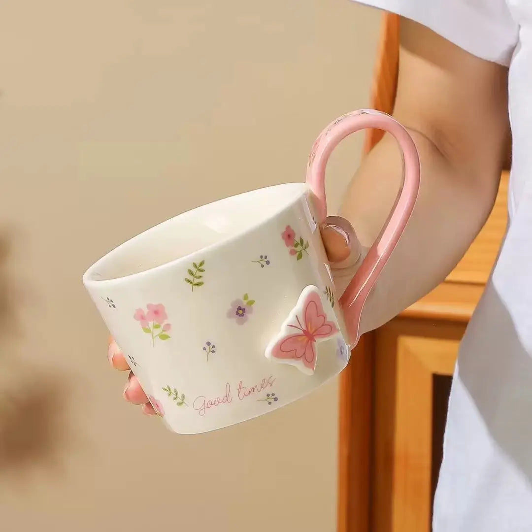Floral Butterfly Ceramic Mug with Color Handle