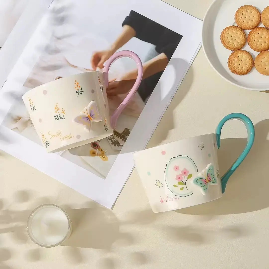 Floral Butterfly Ceramic Mug with Color Handle