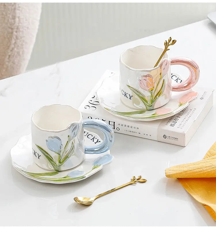 Vintage Tulip Ceramic Coffee Mug with Saucer Handmade Floral Tea Cup Set (250ml) Sparkels  Sparkels