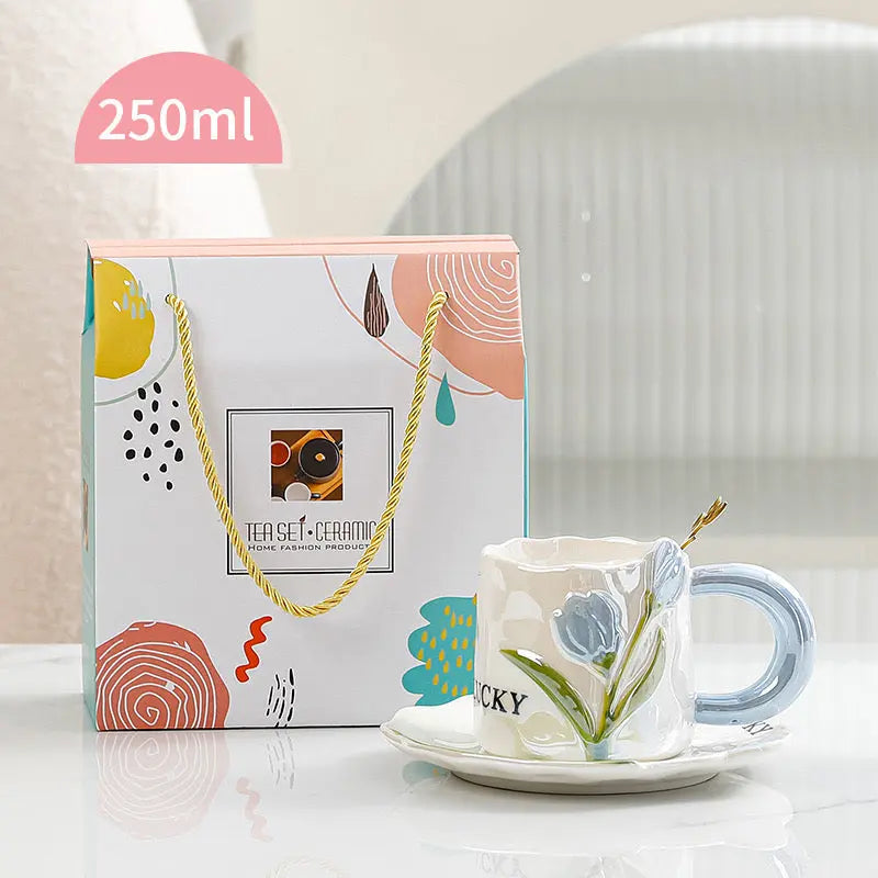 Vintage Tulip Ceramic Coffee Mug with Saucer Handmade Floral Tea Cup Set (250ml) Sparkels  Sparkels