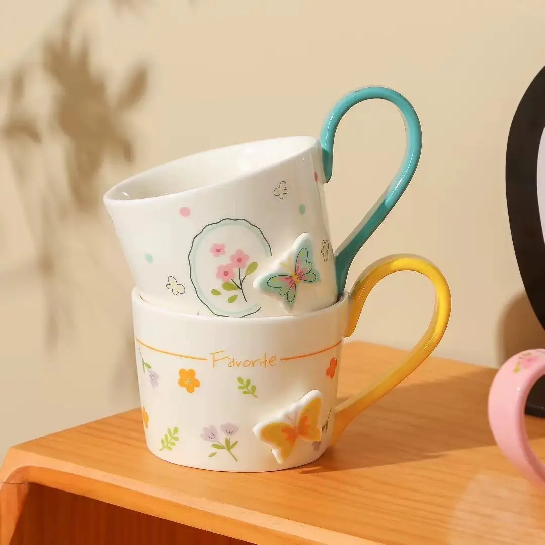 Floral Butterfly Ceramic Mug with Color Handle