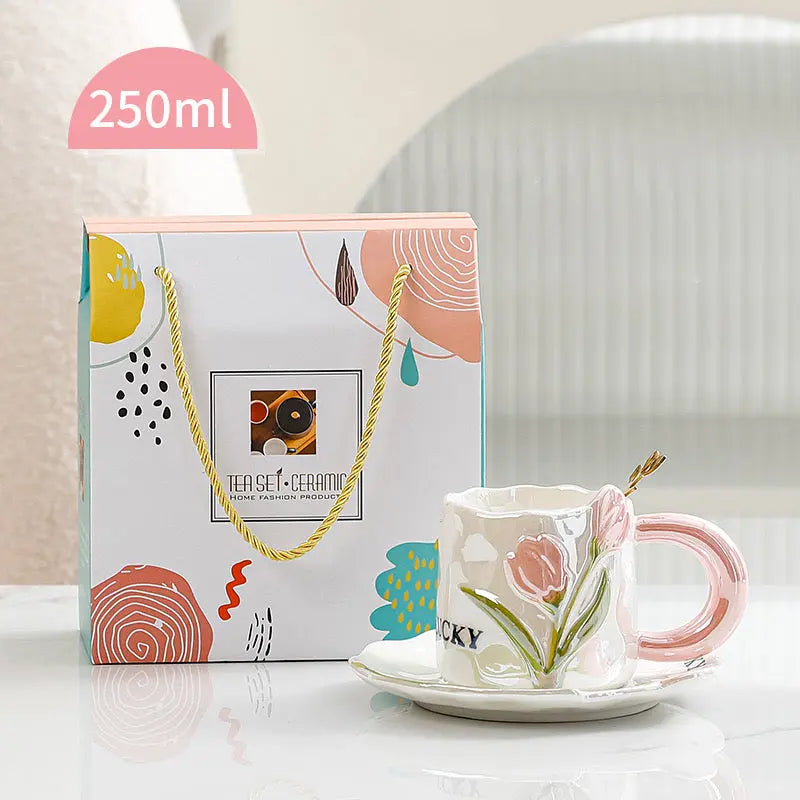 Vintage Tulip Ceramic Coffee Mug with Saucer Handmade Floral Tea Cup Set (250ml) Sparkels  Sparkels