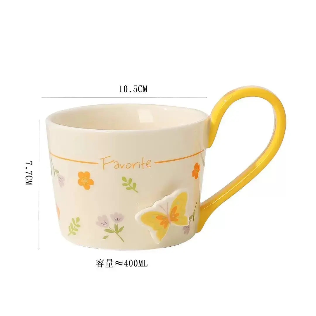 Floral Butterfly Ceramic Mug with Color Handle