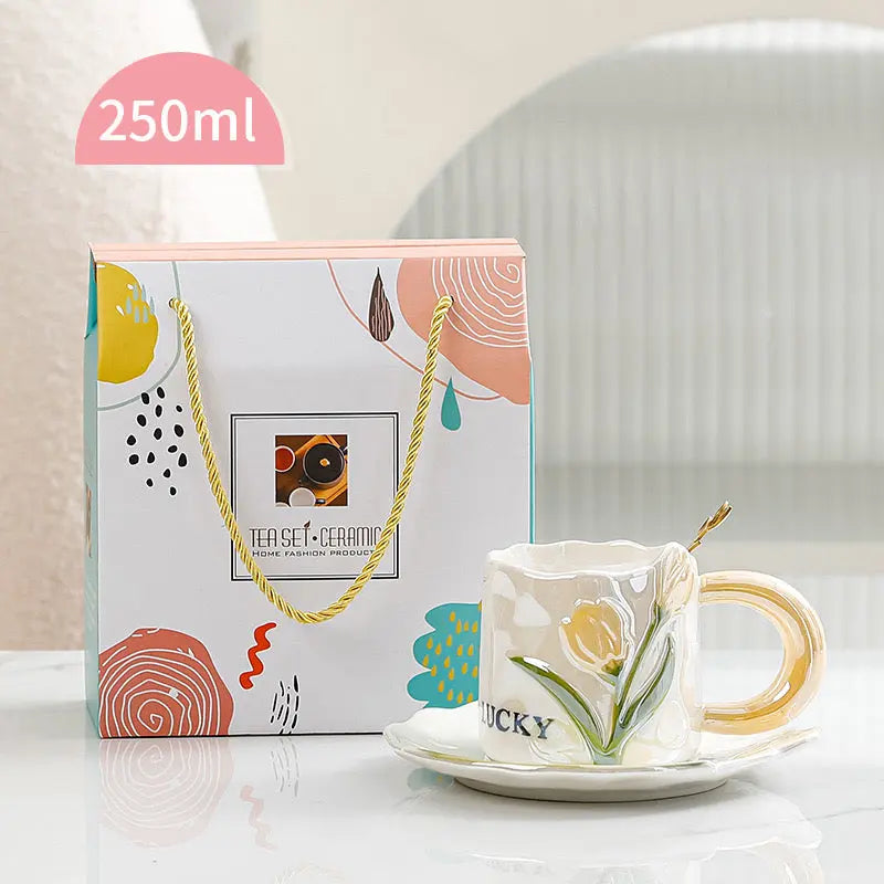 Vintage Tulip Ceramic Coffee Mug with Saucer Handmade Floral Tea Cup Set (250ml) Sparkels  Sparkels