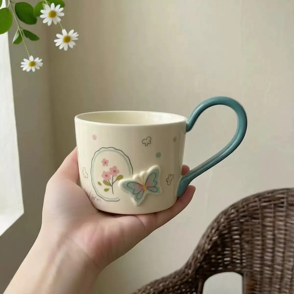 Floral Butterfly Ceramic Mug with Color Handle