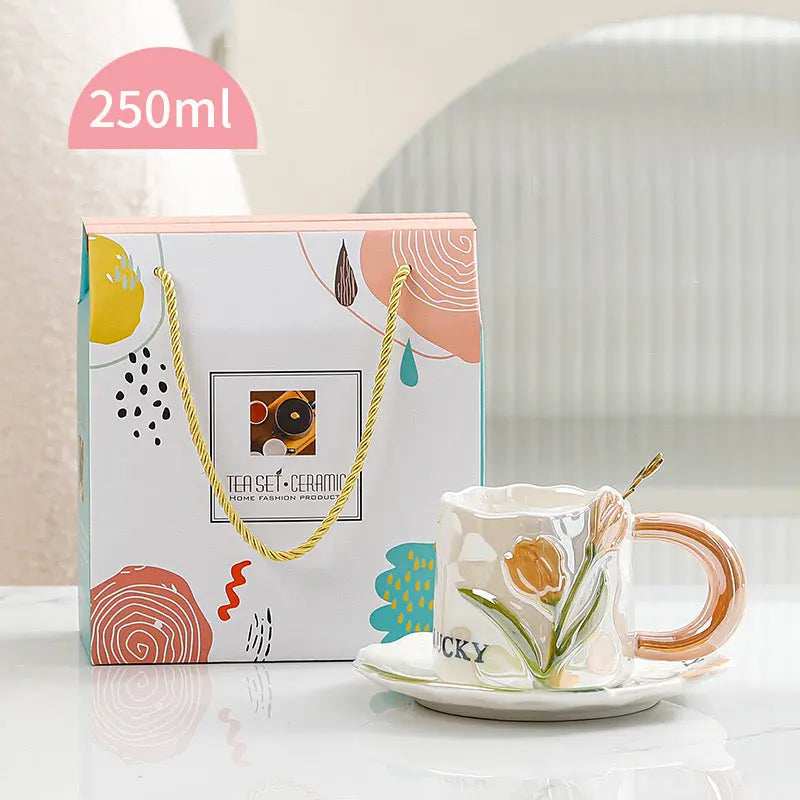 Vintage Tulip Ceramic Coffee Mug with Saucer Handmade Floral Tea Cup Set (250ml) Sparkels  Sparkels