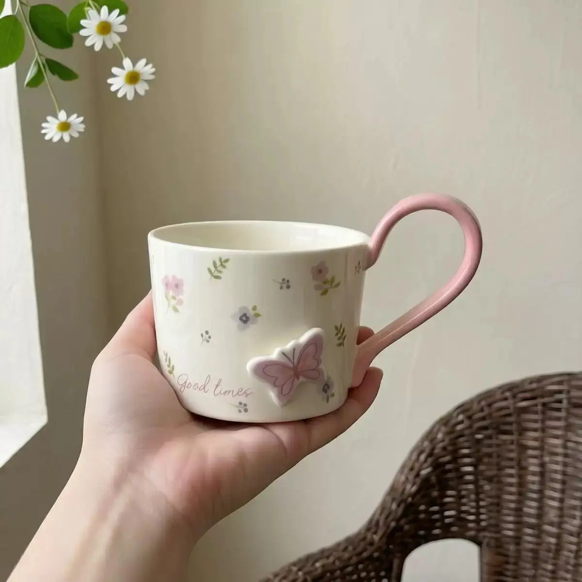 Floral Butterfly Ceramic Mug with Color Handle