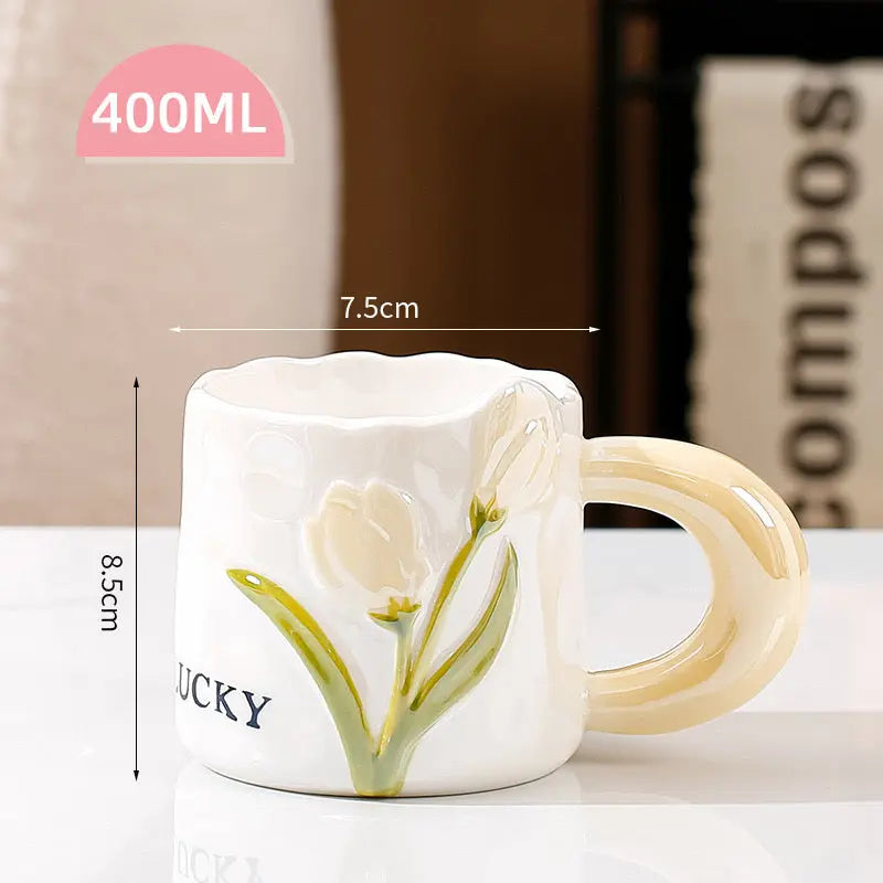 Vintage Tulip Ceramic Coffee Mug with Saucer Handmade Floral Tea Cup Set (250ml) Sparkels  Sparkels