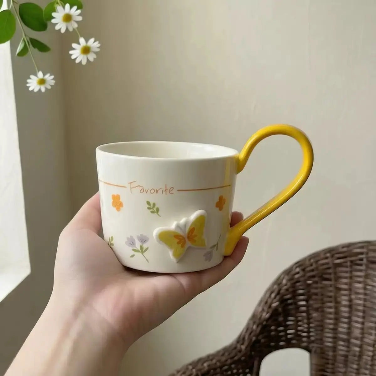 Floral Butterfly Ceramic Mug with Color Handle