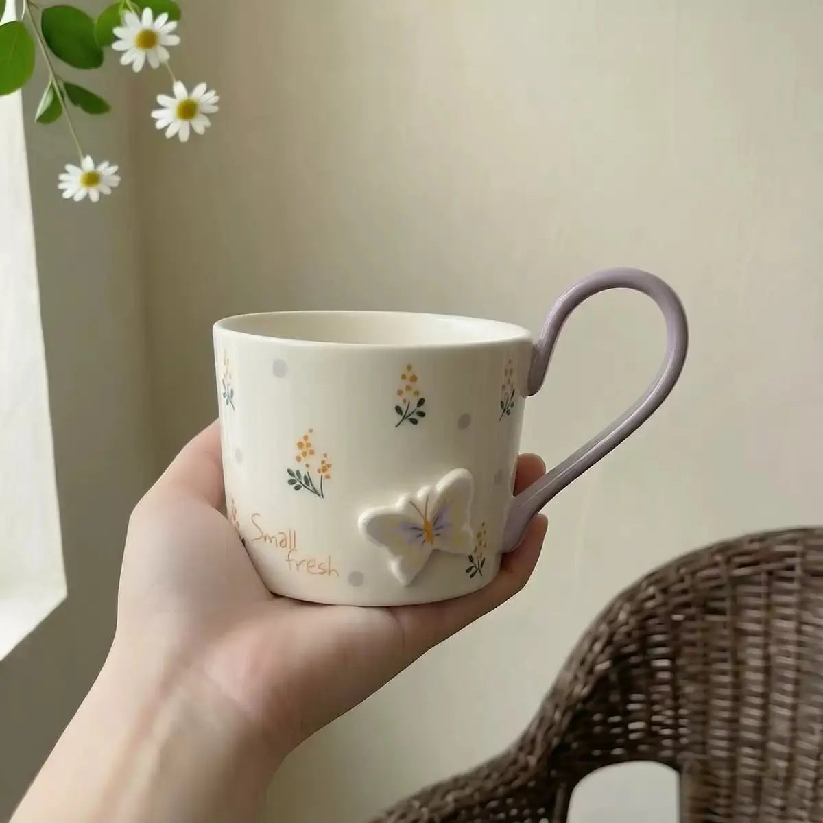 Floral Butterfly Ceramic Mug with Color Handle