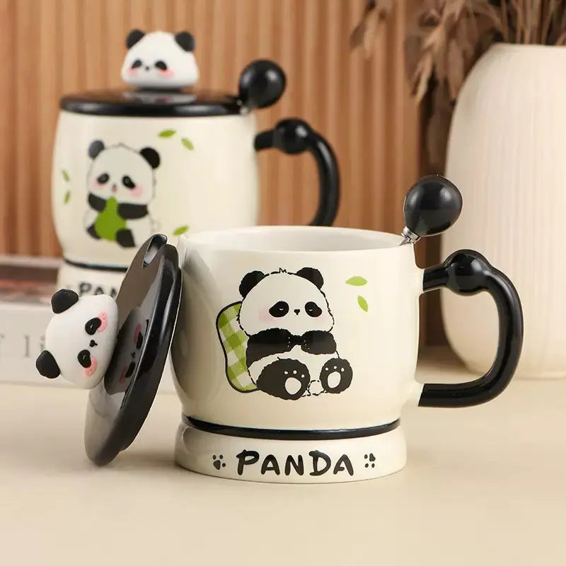 Cute Panda Ceramic Mug with 3D Lid & Spoon