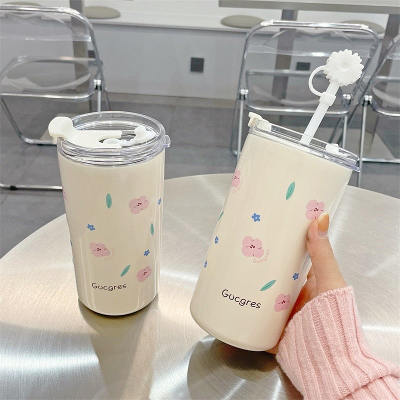 500ML Kawaii Flower & Fruit Printed Stainless Steel Vacuum Mug